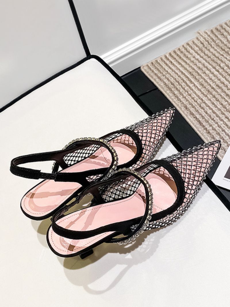 Dámske Lodičky Na Podpätku Slingback Mesh Čierne Kamienkové Párty Topánky - Čierna