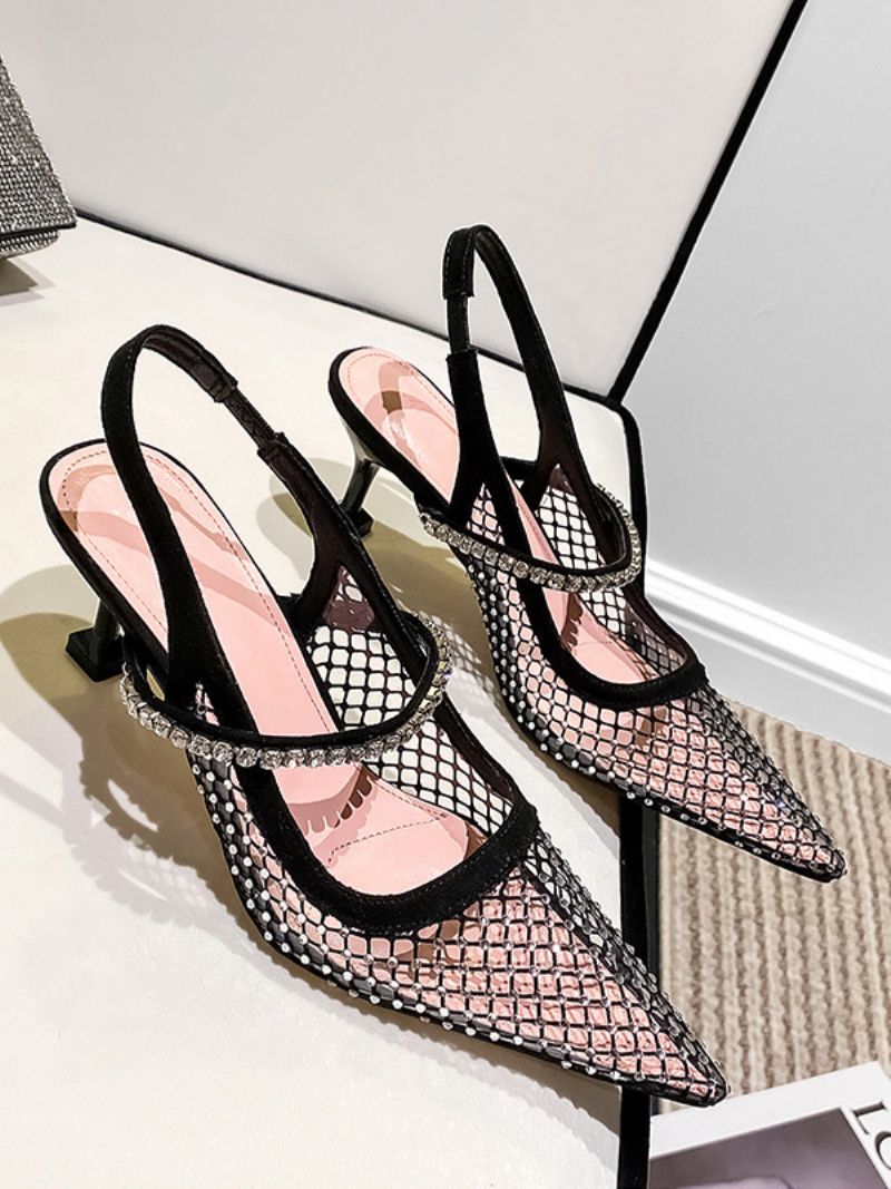 Dámske Lodičky Na Podpätku Slingback Mesh Čierne Kamienkové Párty Topánky - Čierna