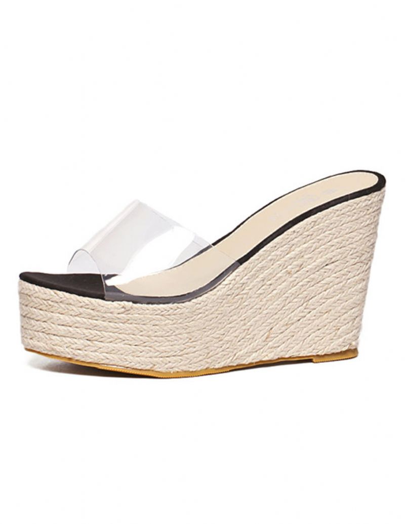 Dámske Marhuľové Sandále Na Klinovom Kline Číre Peep Toe Mule Espadrille Wedge - Čierna