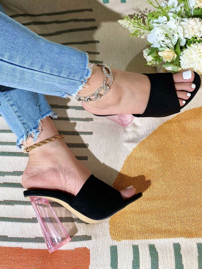 Dámske Mule Heels Micro Suede Horná Peep Toe Robustná Päta Mules - Čierna