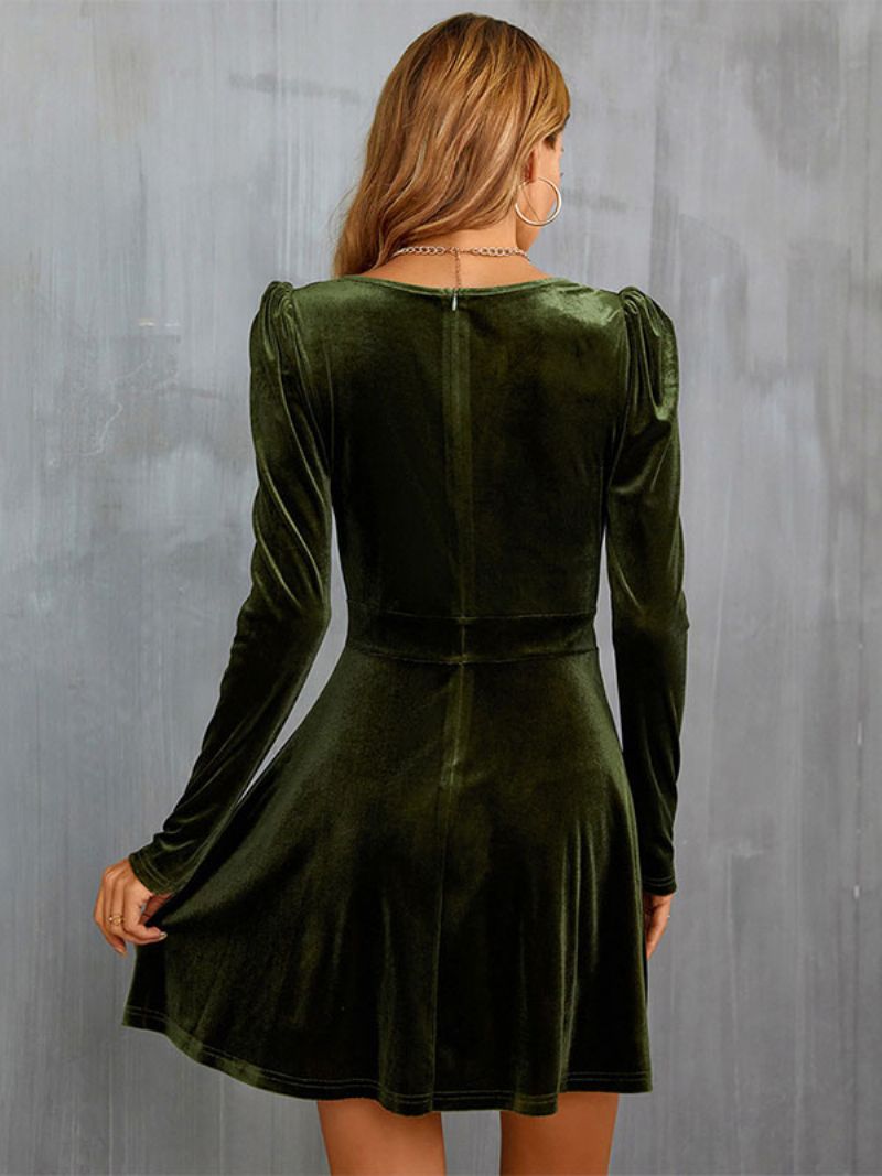 Dámske Odevné Šaty Velvet Dress Hunter Green Dlhé Rukávy Velúrový Výstrih Do V - Hunter Green