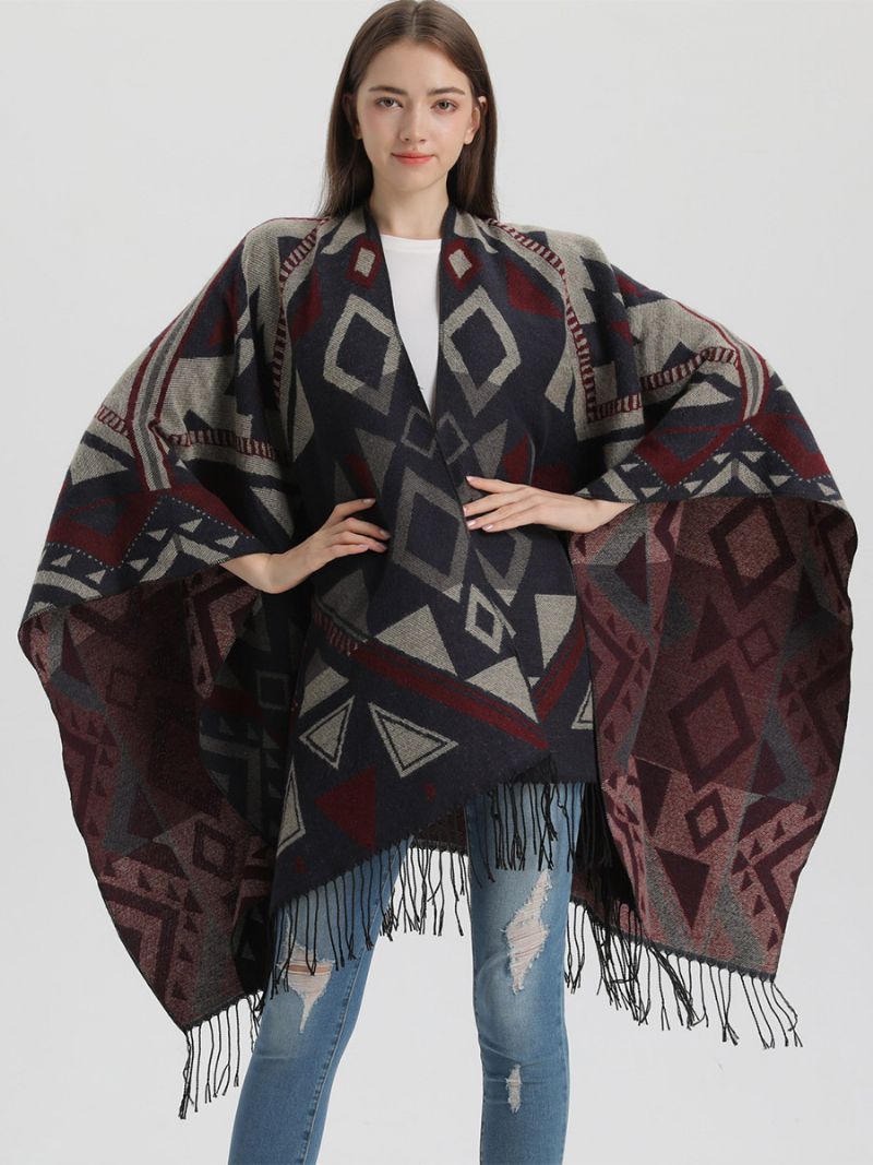 Dámske Pelerína Geometric So Strapcami Oversized Jesenné Zimné Pončo