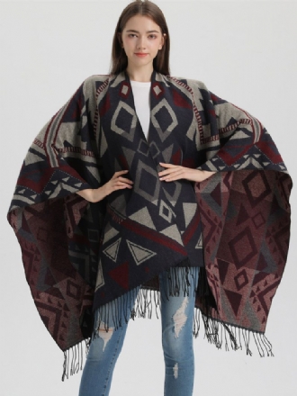 Dámske Pelerína Geometric So Strapcami Oversized Jesenné Zimné Pončo