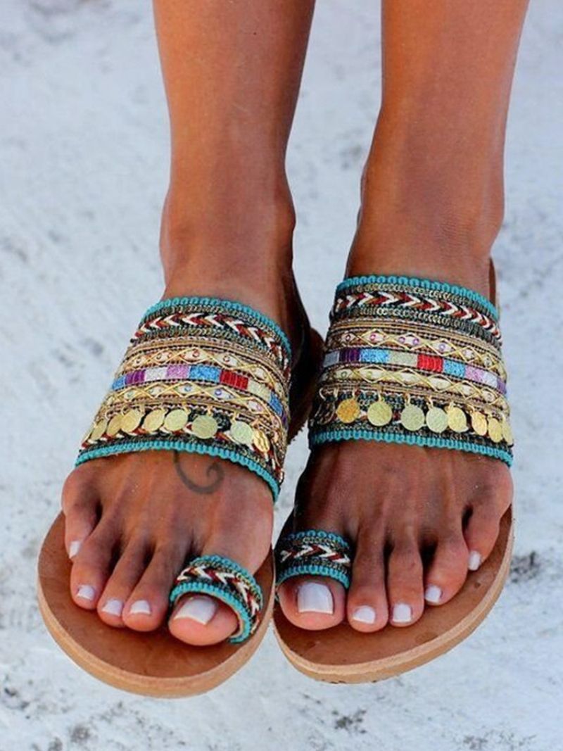 Dámske Plážové Sandále Boho Toe Loop Sandal Slides - Zelená