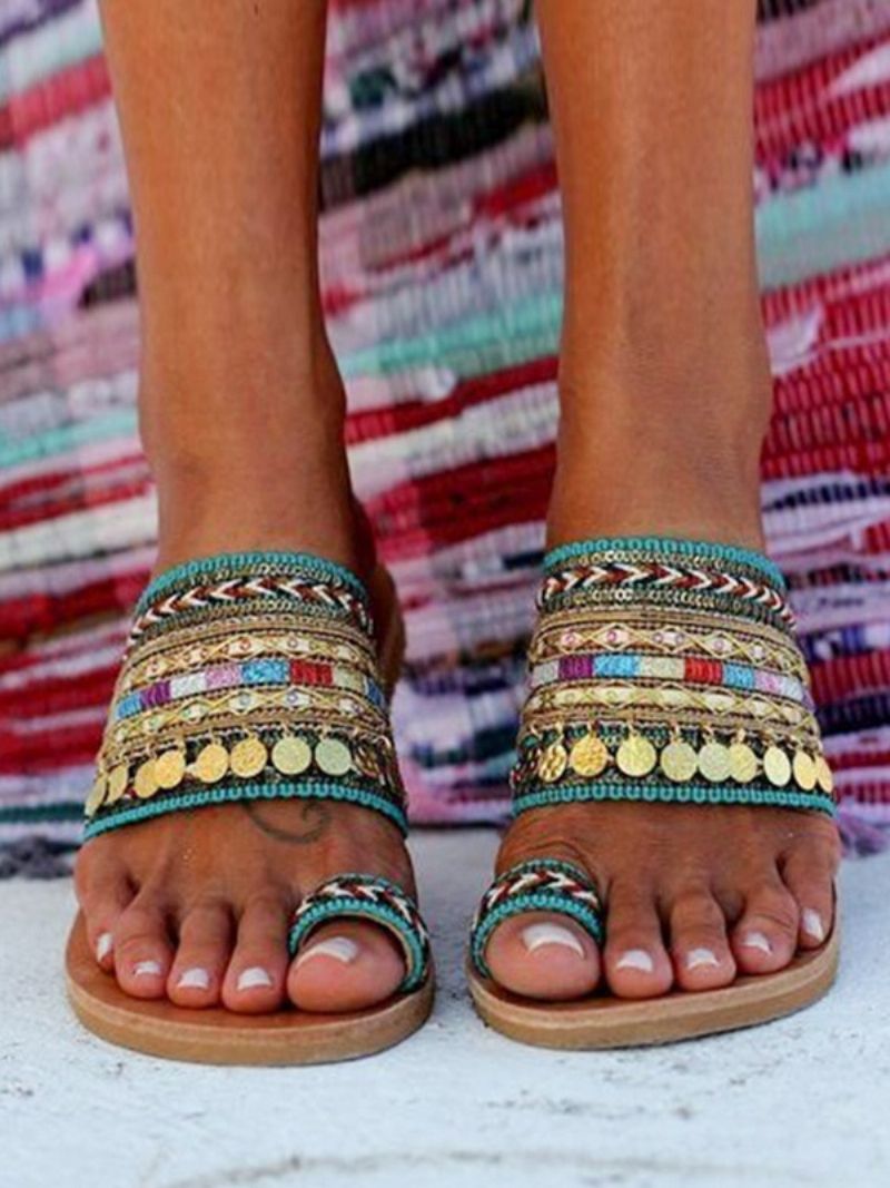 Dámske Plážové Sandále Boho Toe Loop Sandal Slides - Zelená