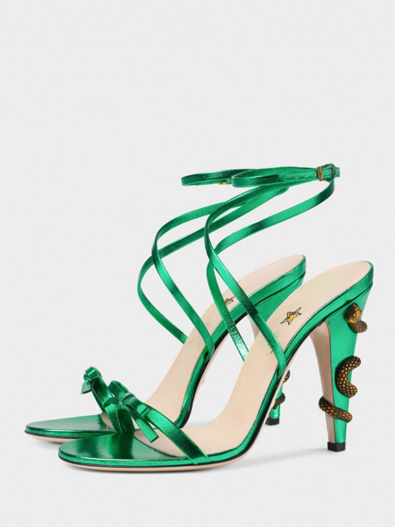 Dámske Plesové Topánky Green Open Toe Bow Heel Designed Criss Cross Ankle Páskované Sandále - Zelená