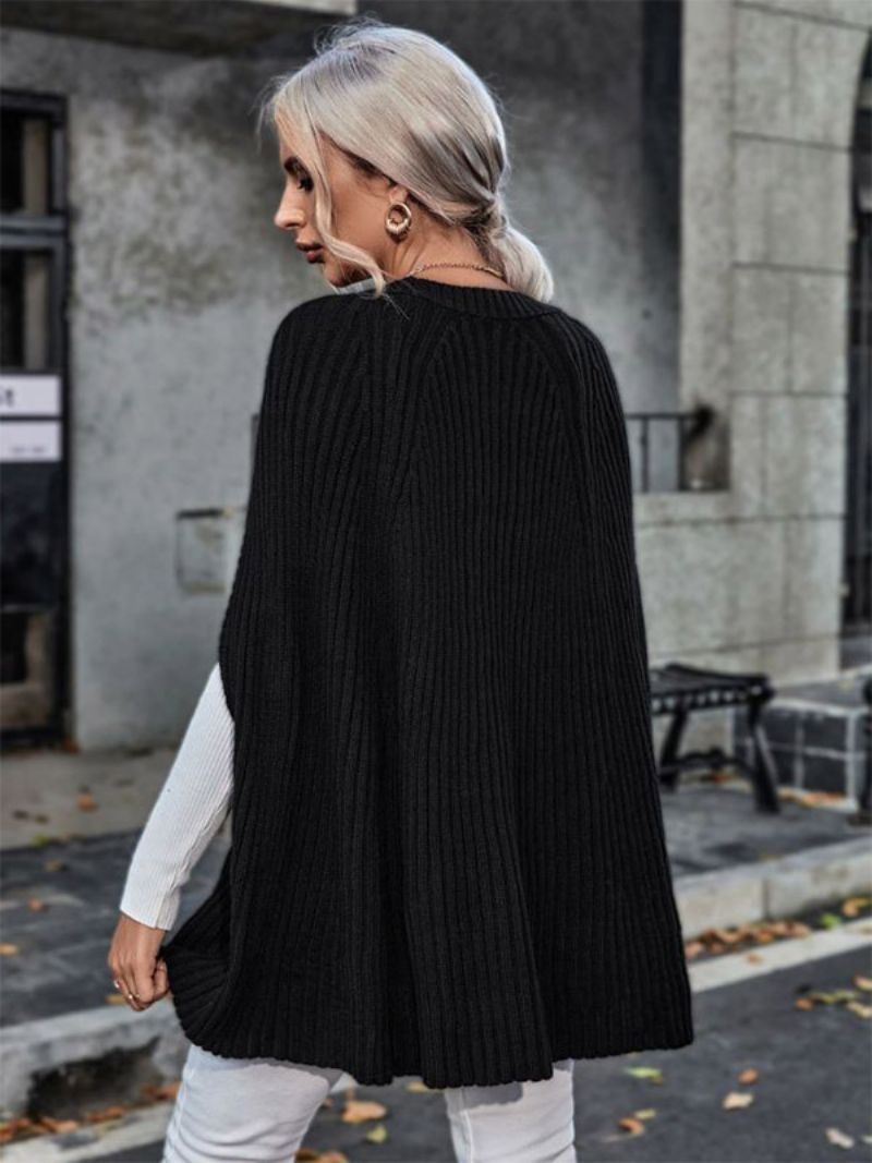 Dámske Pletené Pončo Jewel Neck Black Fall Spring Cape - Čierna