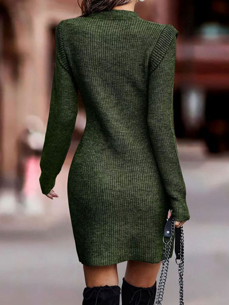 Dámske Pletené Šaty S Dlhými Rukávmi Jewel Neck Jeseň Mini Bodycon - Hunter Green