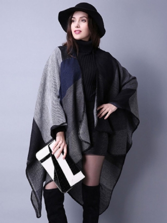 Dámske Pončo Farebné Blokové Čierne Nepravidelné Zateplenie Oversized Piping Cape