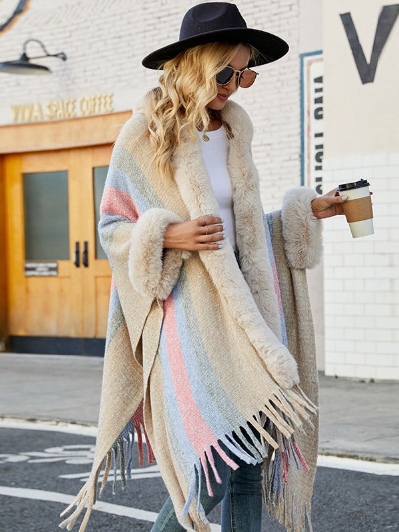 Dámske Pončo S Kapucňou Stripes Oversized Fall Winter Cape - Svetložltá