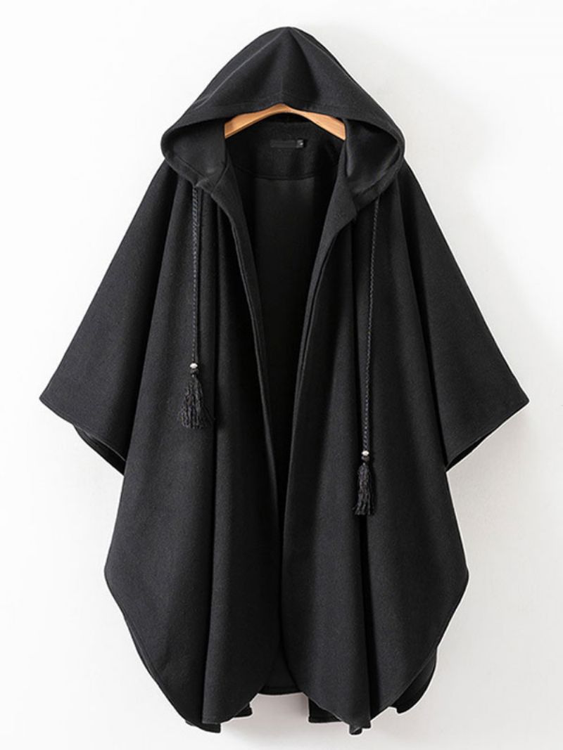 Dámske Pončo S Kapucňou Čierne Oversized Strapce Cape