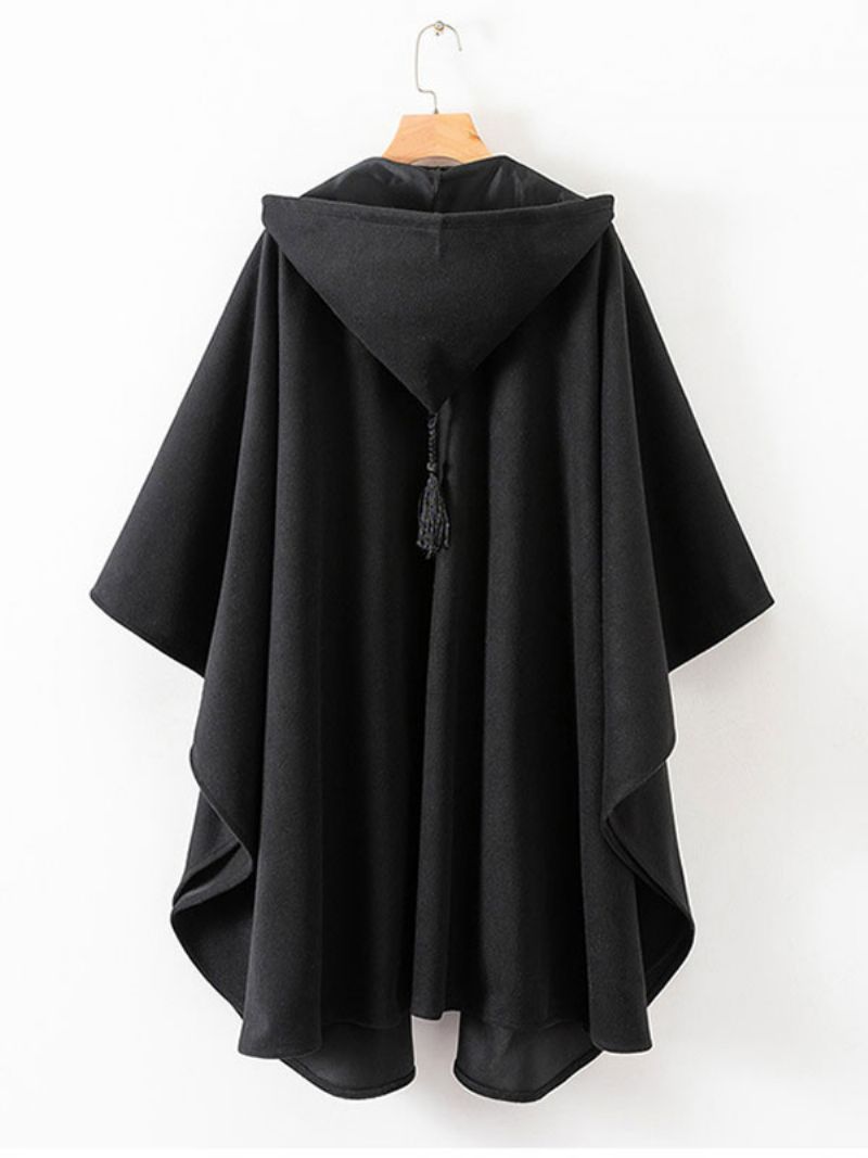 Dámske Pončo S Kapucňou Čierne Oversized Strapce Cape - Čierna