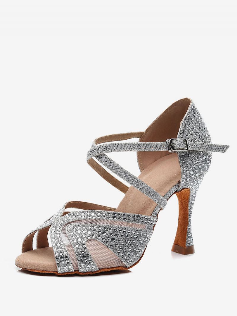 Dámske Prispôsobené Topánky Na Latinskoamerický Tanec Strieborné Spoločenské Tance Peep Toe Rhinestones