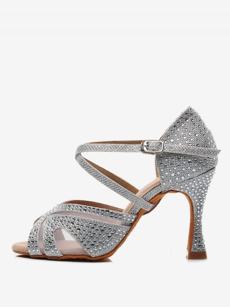 Dámske Prispôsobené Topánky Na Latinskoamerický Tanec Strieborné Spoločenské Tance Peep Toe Rhinestones - Strieborná