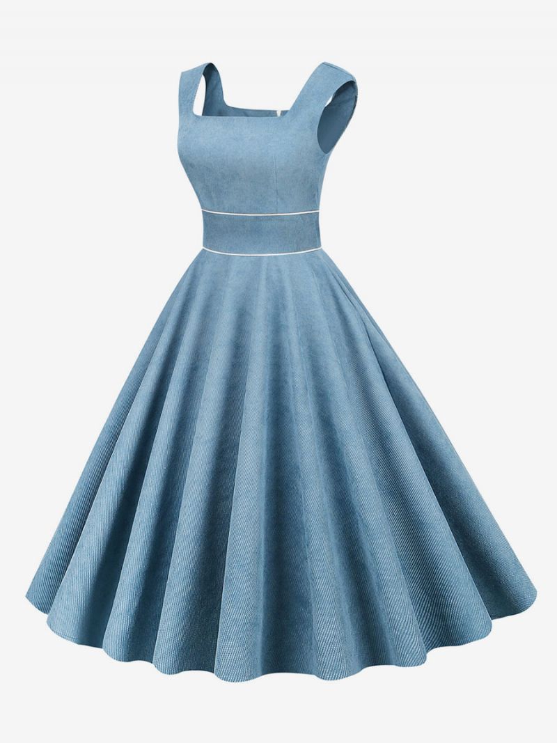 Dámske Retro Šaty Z 50. Rokov 20. Storočia V Štýle Audrey Hepburn Baby Blue Lemovanie Bez Rukávov So Štvorcovým Výstrihom Stredne Veľké Rockabilly - Baby Blue