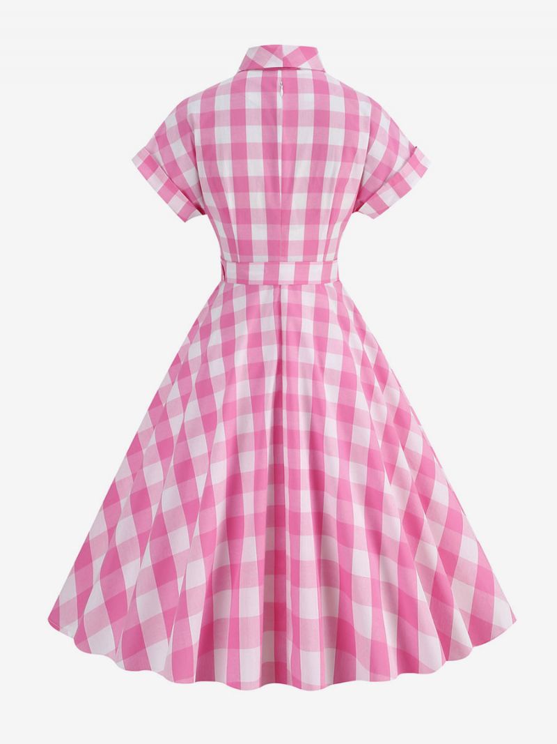 Dámske Ružové Šaty Barbie Gingham Z 50. Rokov 20. Storočia Kockované Vintage S Krátkym Rukávom - Ružová