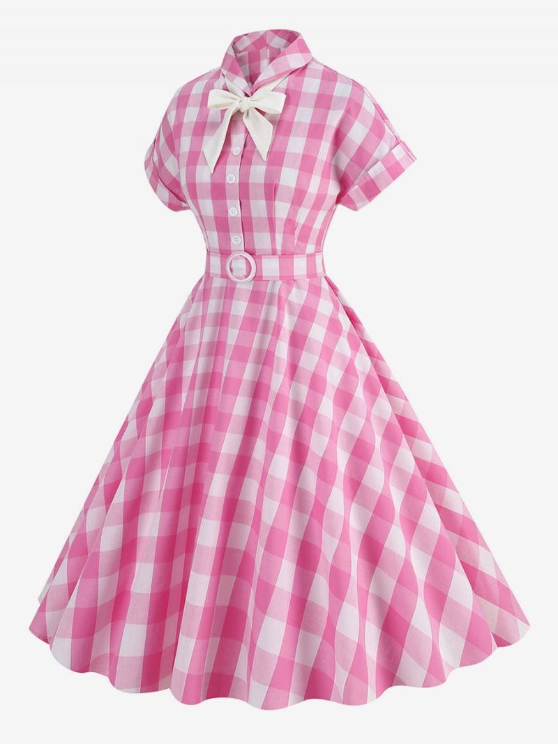 Dámske Ružové Šaty Barbie Gingham Z 50. Rokov 20. Storočia Kockované Vintage S Krátkym Rukávom - Ružová