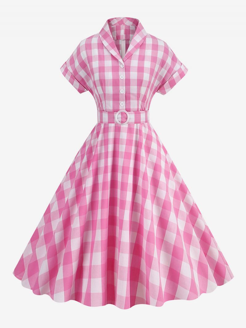 Dámske Ružové Šaty Barbie Gingham Z 50. Rokov 20. Storočia Kockované Vintage S Krátkym Rukávom - Ružová