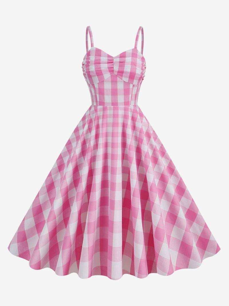 Dámske Ružové Šaty Barbie Gingham Z 50. Rokov 20. Storočia Kockované Vintage S Plisovanými Ramienkami