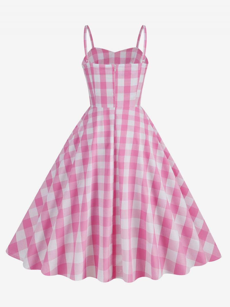 Dámske Ružové Šaty Barbie Gingham Z 50. Rokov 20. Storočia Kockované Vintage S Plisovanými Ramienkami - Ružová