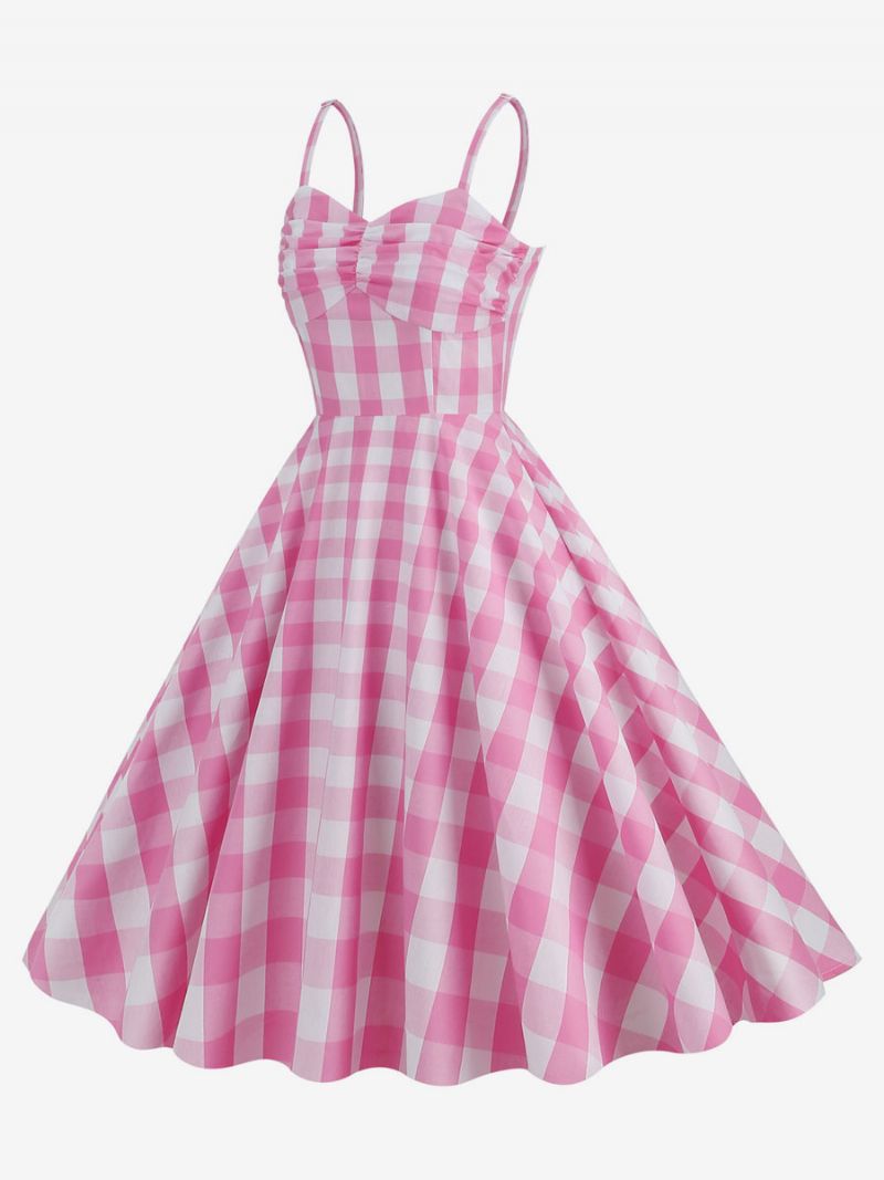 Dámske Ružové Šaty Barbie Gingham Z 50. Rokov 20. Storočia Kockované Vintage S Plisovanými Ramienkami - Ružová