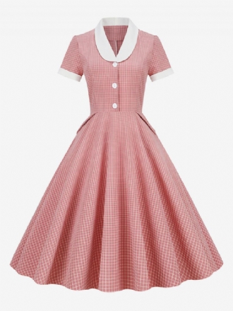 Dámske Ružové Šaty Barbie Gingham Z 50. Rokov 20. Storočia Vintage V Štýle Audrey Hepburn S Krátkymi Rukávmi