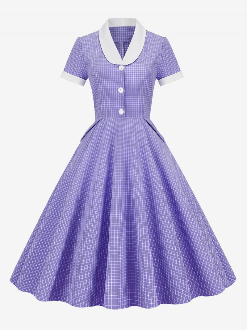 Dámske Ružové Šaty Barbie Gingham Z 50. Rokov 20. Storočia Vintage V Štýle Audrey Hepburn S Krátkymi Rukávmi - Fialová