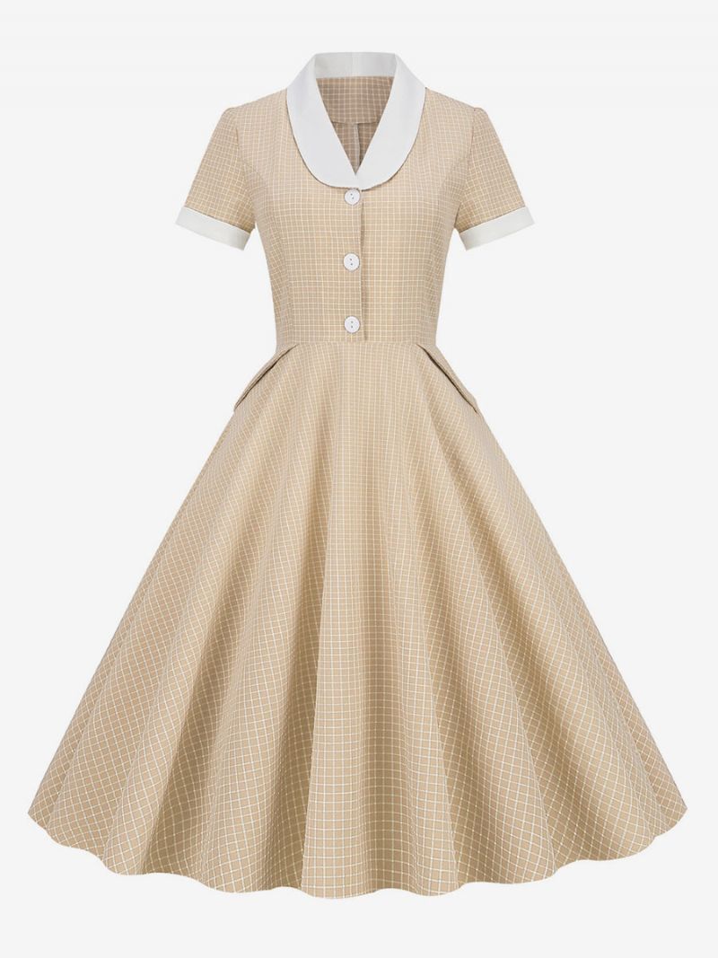 Dámske Ružové Šaty Barbie Gingham Z 50. Rokov 20. Storočia Vintage V Štýle Audrey Hepburn S Krátkymi Rukávmi - Svetlosvetložltá