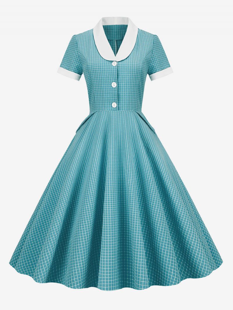 Dámske Ružové Šaty Barbie Gingham Z 50. Rokov 20. Storočia Vintage V Štýle Audrey Hepburn S Krátkymi Rukávmi - Azúrová