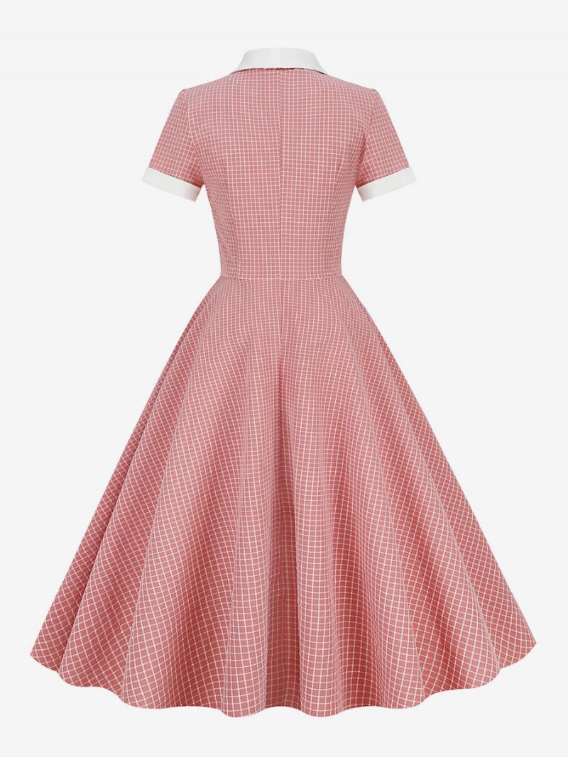 Dámske Ružové Šaty Barbie Gingham Z 50. Rokov 20. Storočia Vintage V Štýle Audrey Hepburn S Krátkymi Rukávmi - Ružová