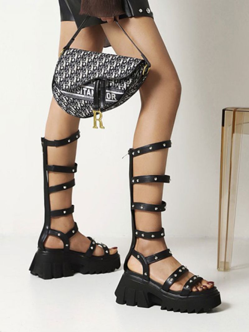 Dámske Sandále Flatform Black Rivets Pu Leather Gladiator - Čierna