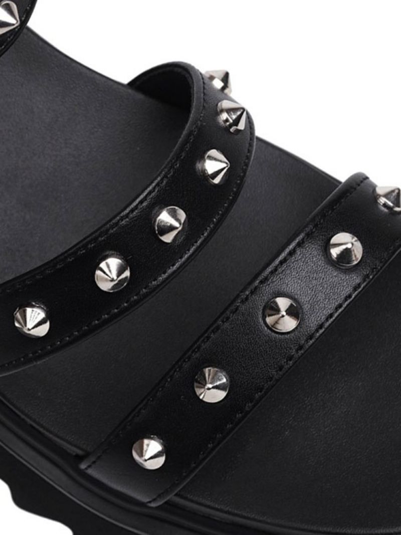 Dámske Sandále Flatform Black Rivets Pu Leather Gladiator - Čierna