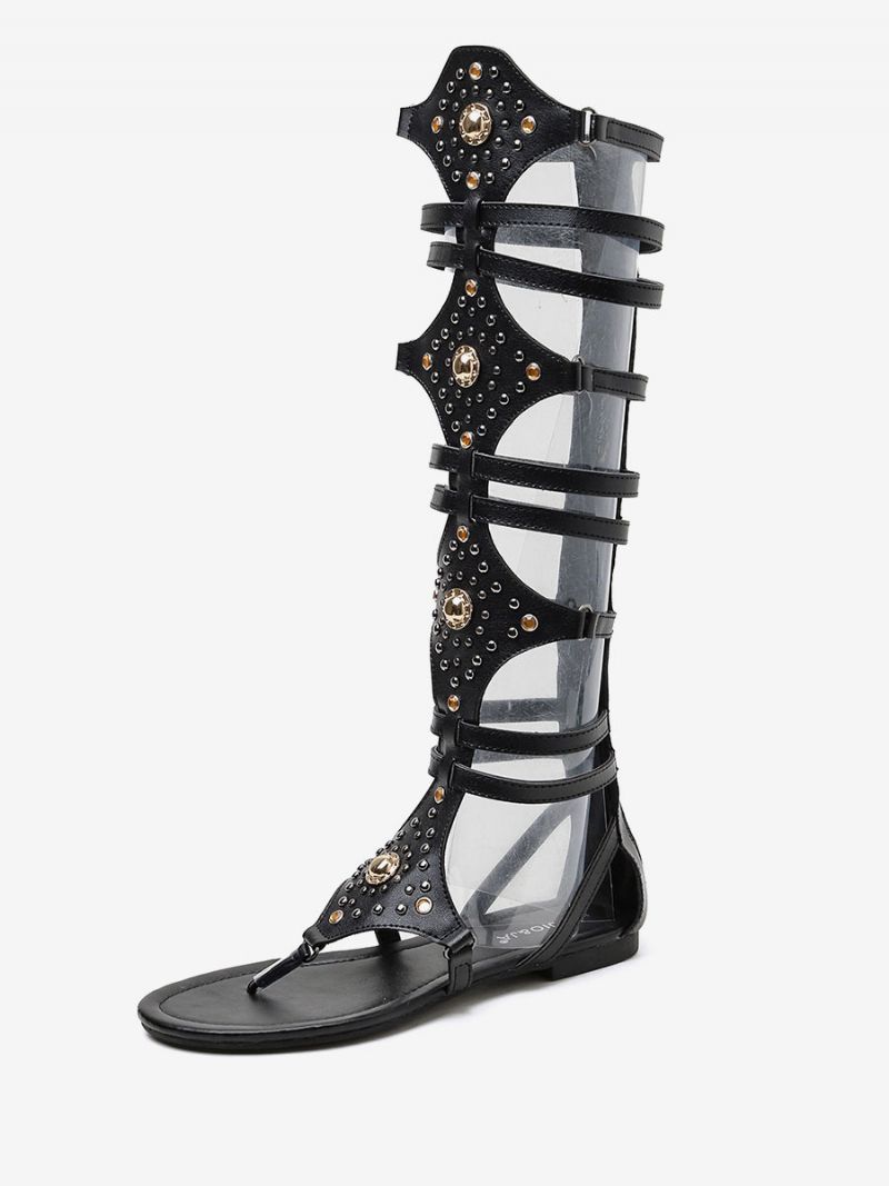 Dámske Sandále Gladiator Silver Rivets Thong Flat Sandals - Čierna