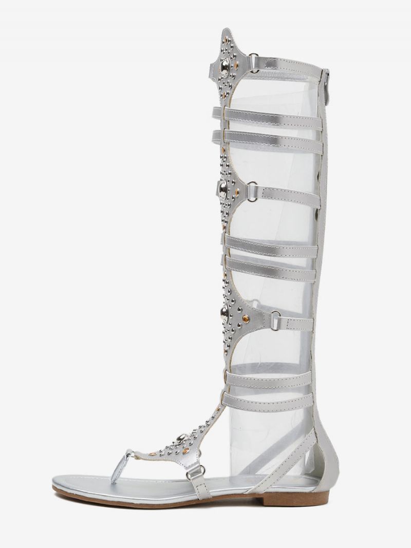 Dámske Sandále Gladiator Silver Rivets Thong Flat Sandals - Strieborná