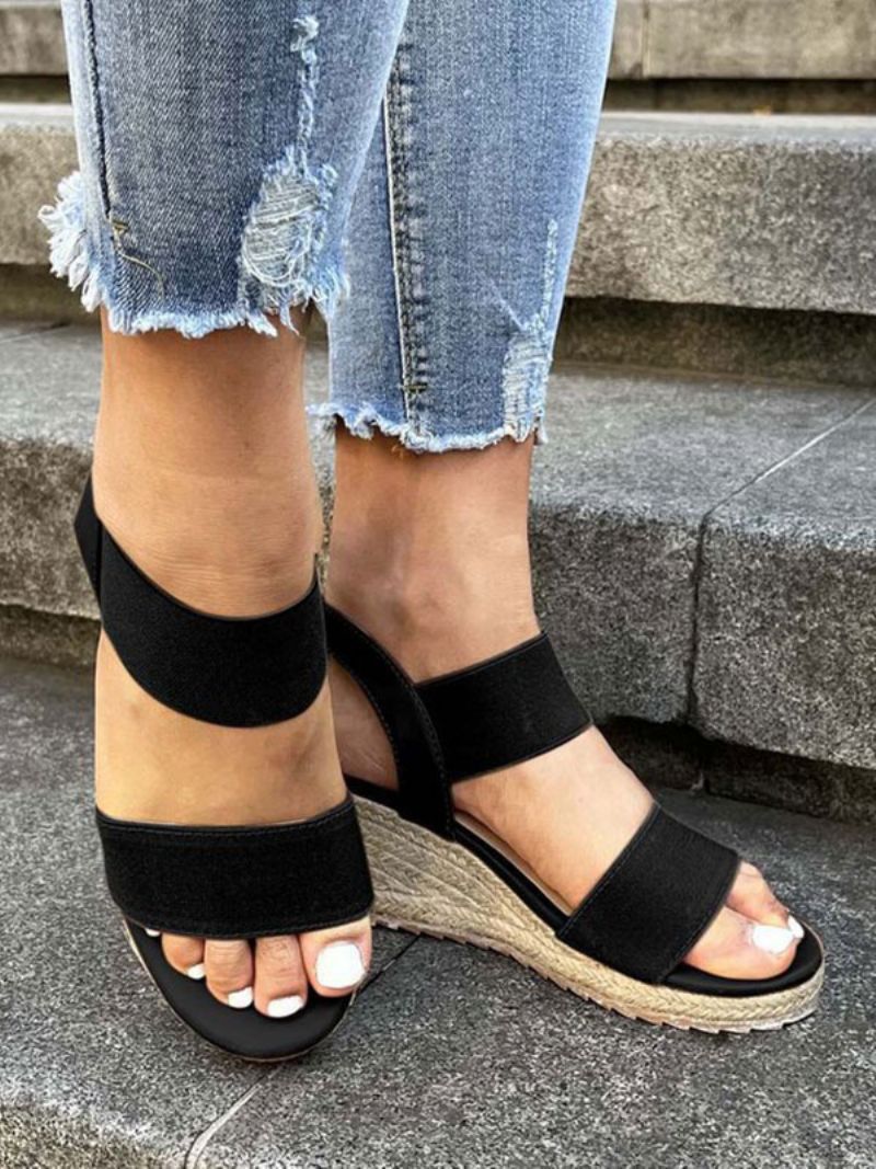 Dámske Sandále Na Klinové Espadrilky Street Wear Pu Kožené S Otvorenou Špičkou - Čierna