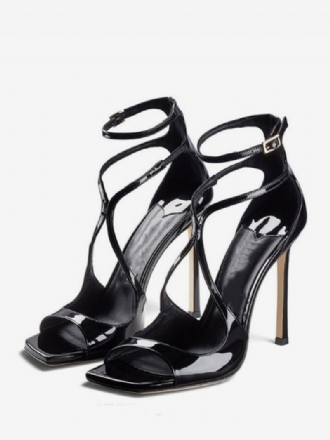 Dámske Sandále Na Vysokom Podpätku Čierny Patent Pu Zvršok Peep Toe Strappy Plesové Topánky Párty Malom