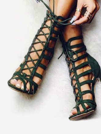 Dámske Sandále Olive Gladiator Lace Up Na Ihličkovom Podpätku