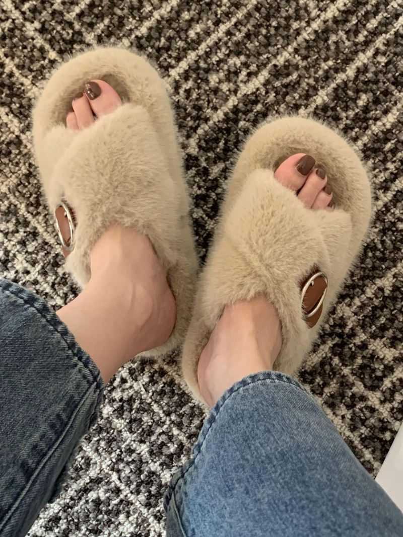 Dámske Sandále S Prackou Peep Toe Fur Slide Flat Ecru White - Svetložltá