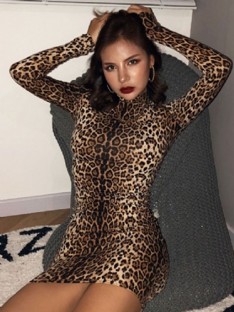 Dámske Sexi Šaty Bodycon Mini S Leopardím Vzorom A Vysokým Golierom Dlhými Rukávmi