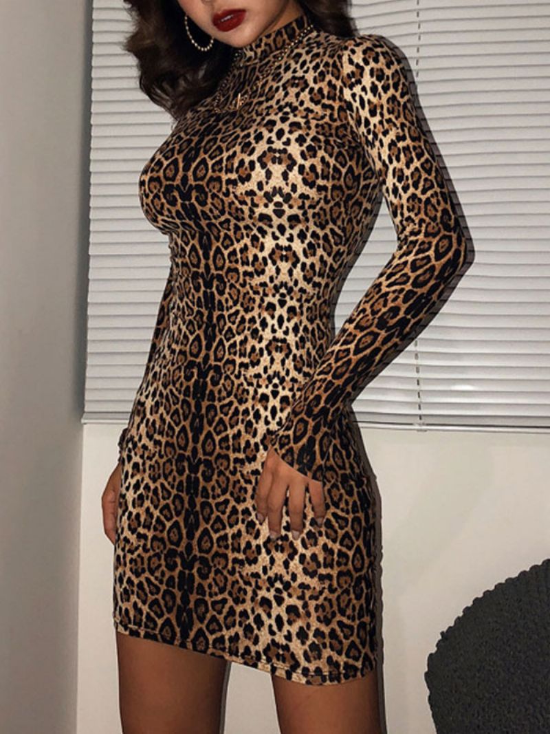 Dámske Sexi Šaty Bodycon Mini S Leopardím Vzorom A Vysokým Golierom Dlhými Rukávmi - Káva Hnedá