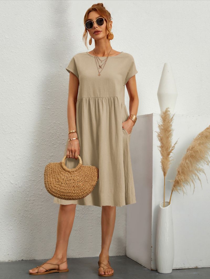 Dámske Shift Šaty S Krátkym Rukávom Ležérne Jewel Neck Hunter Zelené Tunikové - Khaki