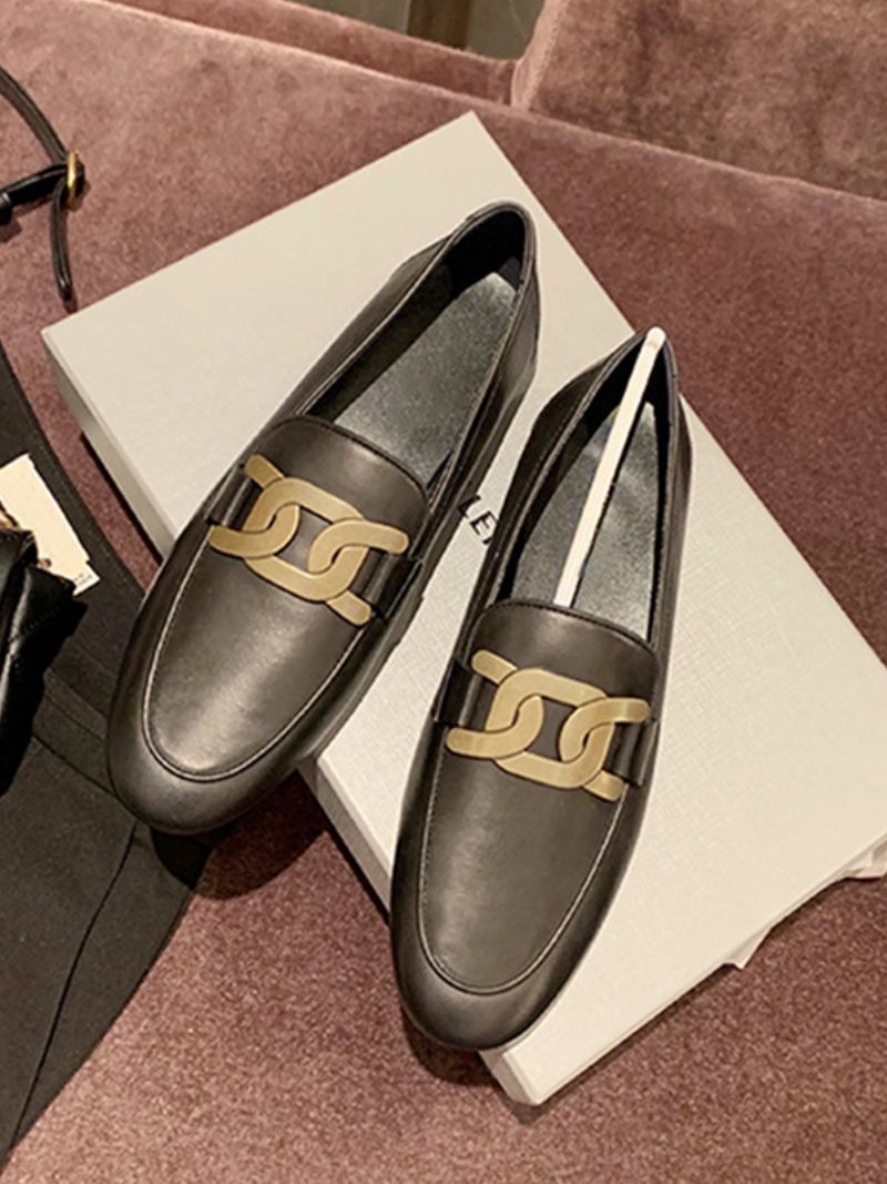 Dámske Slip On Loafers Biele Ploché Topánky S Okrúhlou Špičkou - Čierna