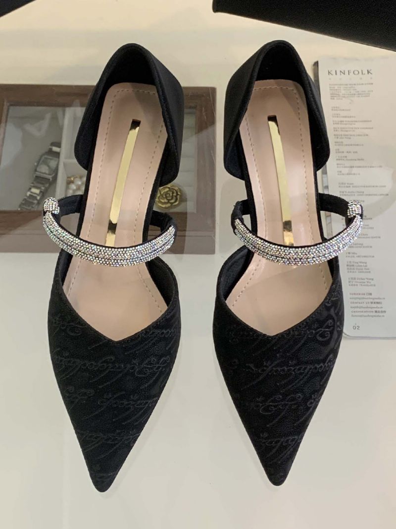 Dámske Spoločenské Topánky Na Vysokom Podpätku Black Pointed Toe Rhinestones Plesové