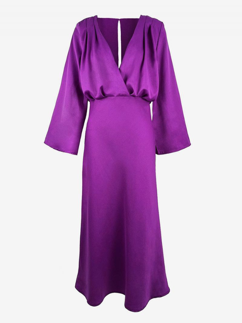 Dámske Spoločenské Šaty Grape V-neck Plisované Dlhé Rukávy Vrstvené Plesové Maxi - Hrozno