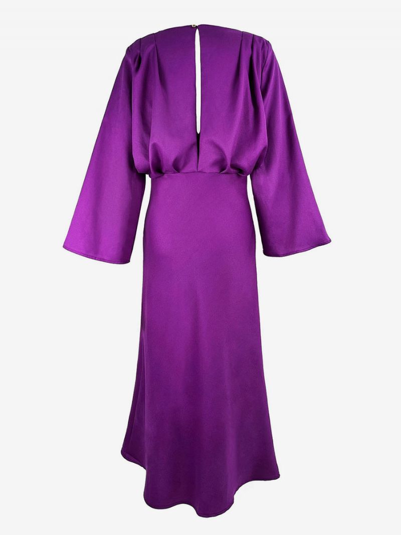 Dámske Spoločenské Šaty Grape V-neck Plisované Dlhé Rukávy Vrstvené Plesové Maxi - Hrozno