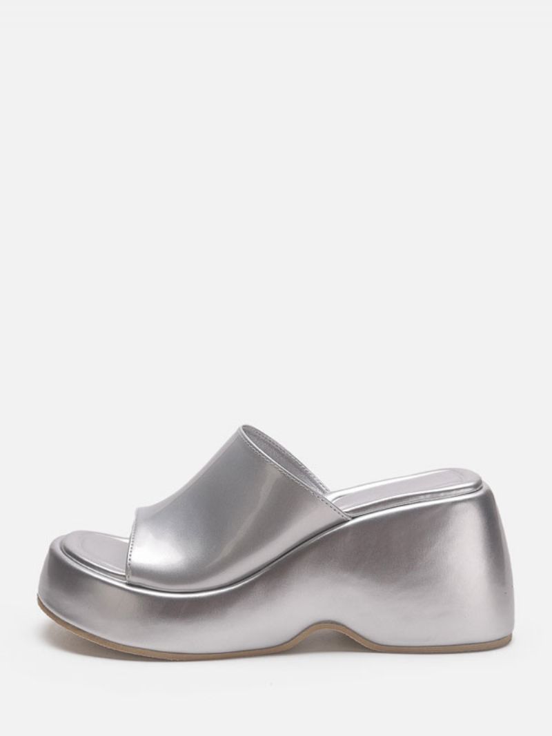 Dámske Strieborné Sandále Slides Silver Metallic Platform Flatform Slip-on Mules