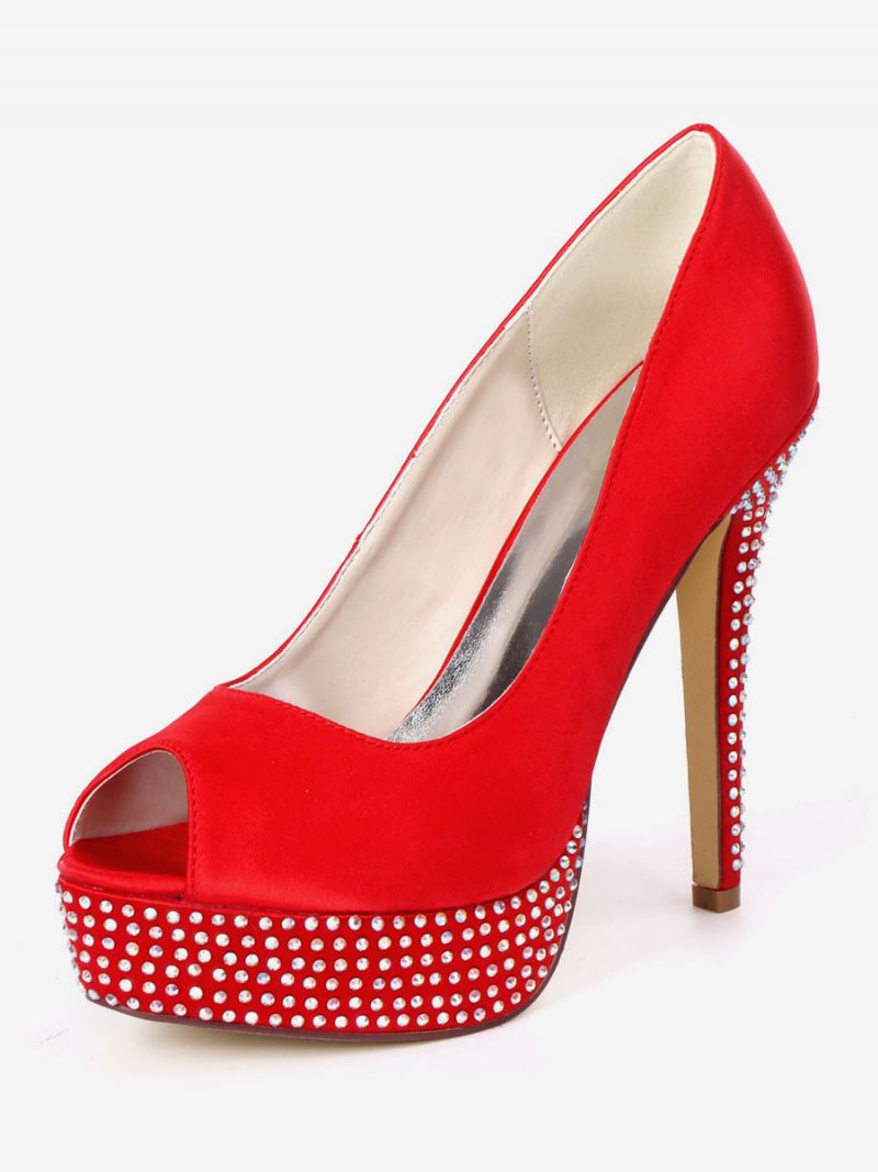 Dámske Svadobné Lodičky Na Kamienkovej Platforme Peep Toe - Ture Red