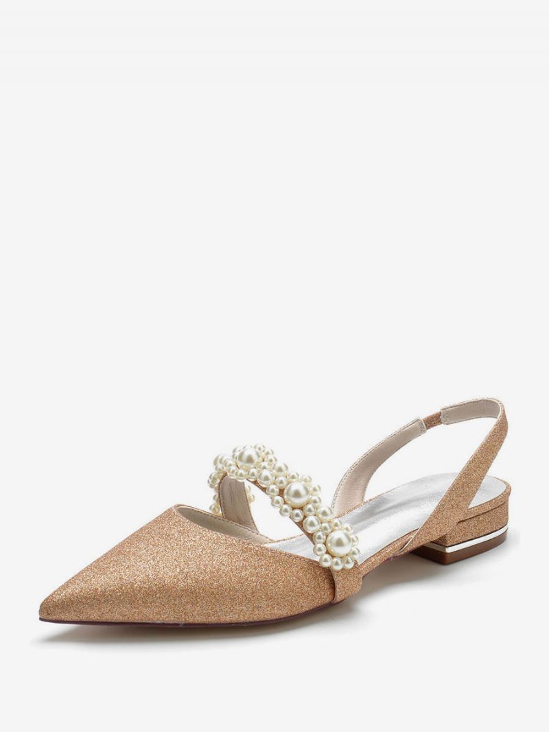 Dámske Svadobné Topánky Pearls Slingback Flats - Šampanské