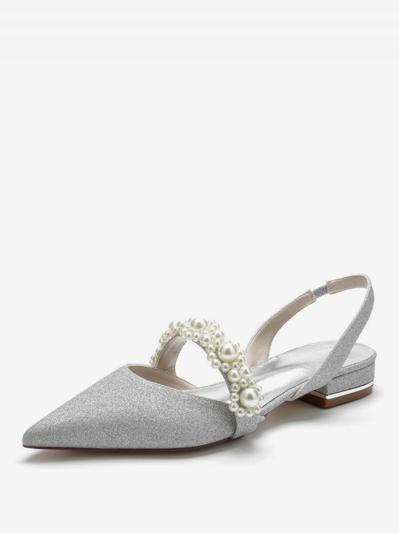 Dámske Svadobné Topánky Pearls Slingback Flats - Strieborné