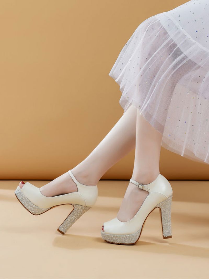 Dámske Svadobné Topánky Pu Leather Ecru White Peep Toe Pearls - Béžová